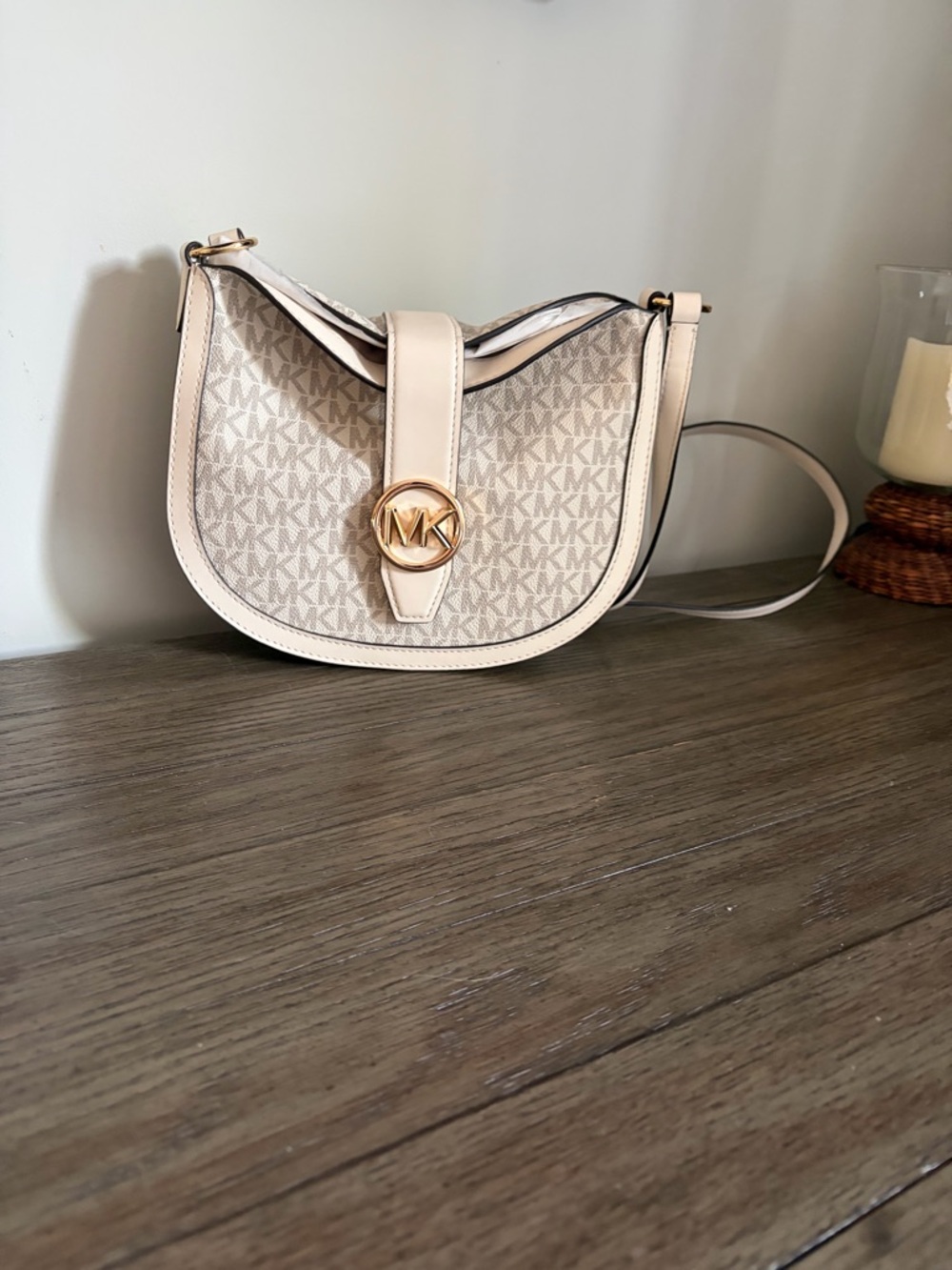 Michael Kors Cream Signature MK Saddle Crossbody with Gold Accent